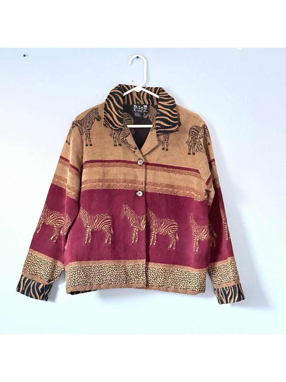 Puffin Island Sportswear Jacket Large Brown Red Zebra Animal Art to Wear Artisan